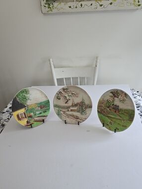 Vintage Set Of 3 '80s 3D Byron Molds Ceramic Decor Cottagecore Farm Church Scene